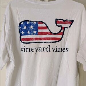 Vineyard vines white tee shirt with American flag whale on pocket and back